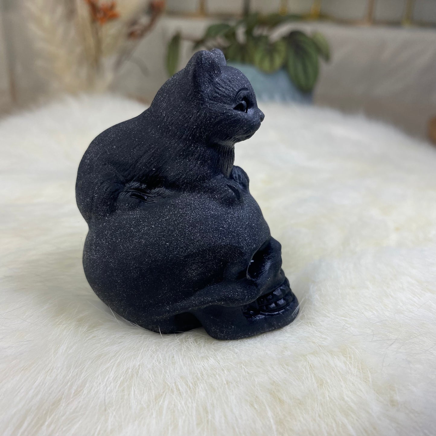 Obsidian Katzen-Schädel Carving